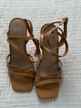 bp Tan Strappy Square-Toe Wrap Heeled Sandals